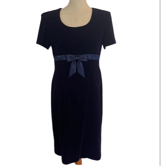 Maggy London Petites dress velvet bow short sleeve zipper blue women’s size 10 - Picture 1 of 16